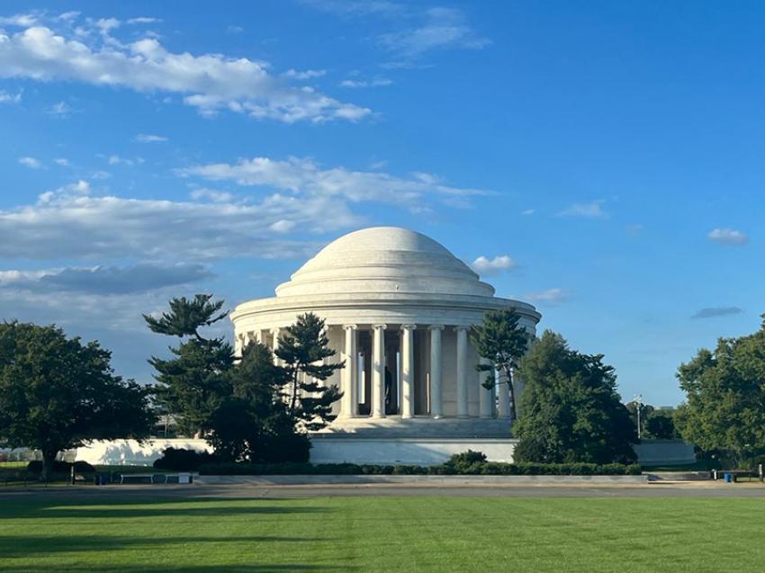 Image: Situated on the Tidal Basin, the Thomas Jefferson Memorial, dedicated by President Roosevelt on April 13, 1943, stands in a straight line with the White House. Architect John Russell Pope designed it influenced by Jefferson