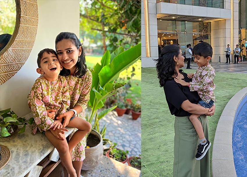 Sonika Bhasin, a sustainable lifestyle and parenting blogger, proudly wears hand-me-down pants to avoid buying new clothes. Sonika and her son only wear sustainable brands. (Photo/Khushi Malhotra)

