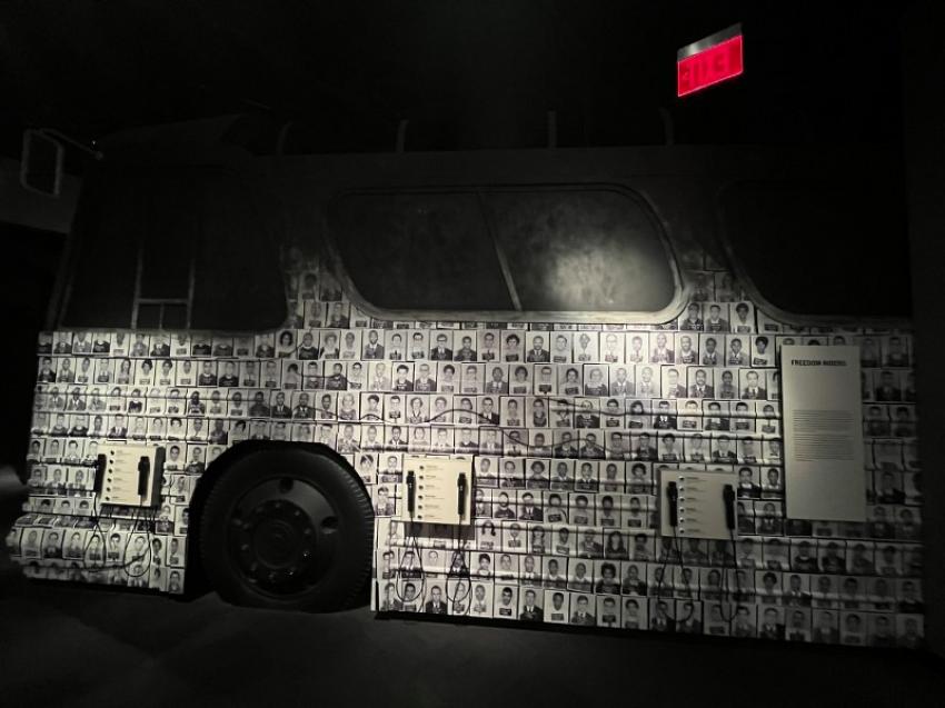 In 1960 and 1961, hundreds of students, known as Freedom Riders, took interstate buses after the Supreme Court declared segregated facilities for interstate passengers illegal. At the museum the mug shots of the Freedom Riders are affixed to the side of a model bus.