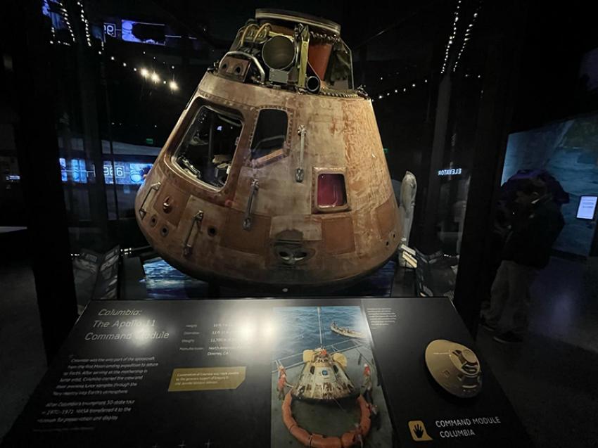 The Apollo 11 Command Module, Columbia, carried astronauts Neil Armstrong, Edwin "Buzz" Aldrin and Michael Collins to the Moon and back on the first lunar landing mission in July, 1969.