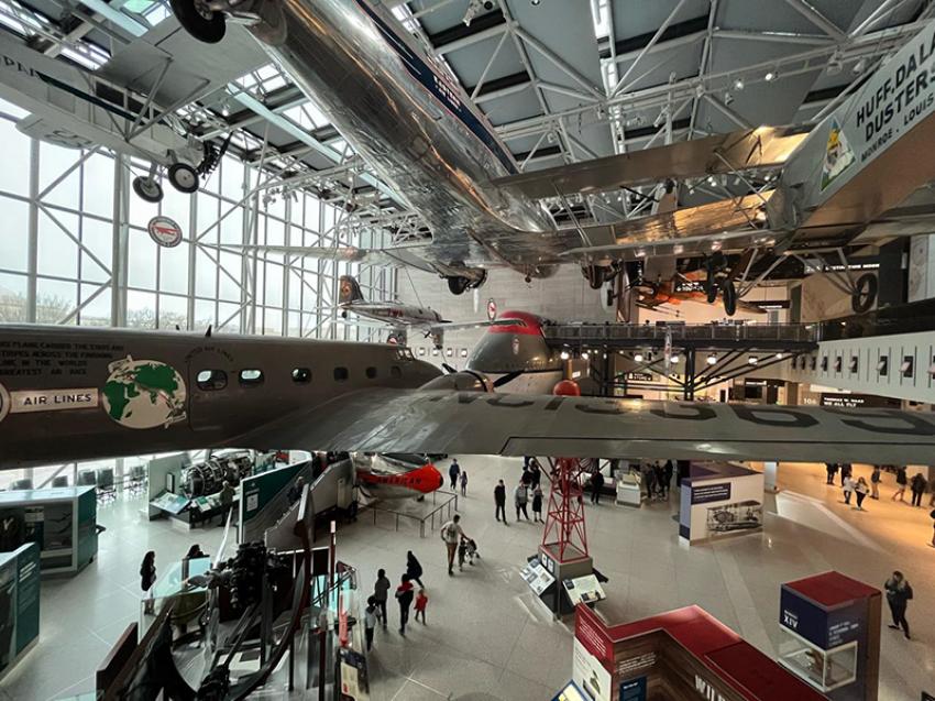 Aircraft on display hangs from above at the NASM 