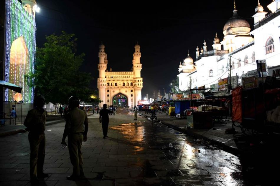 A deserted view of Charminar during night curfew i ...