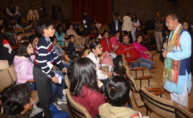 Union Minister of State for Women and Child Development, Dr Munjapara Mahendrabhai interacting with the young authors at Muskaan Litfest for Child Authors in Delhi.