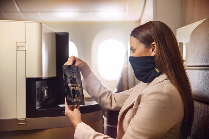 Etihad Airways offering snood style facemasks to premium class passengers for comfort