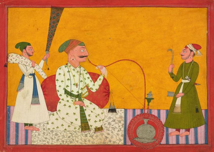 Raja Tedhi Singh of Mankot smoking a hookah. Photo credit: Master of the Court of Mankot /National Museum of Asian Art, Smithsonian Institution